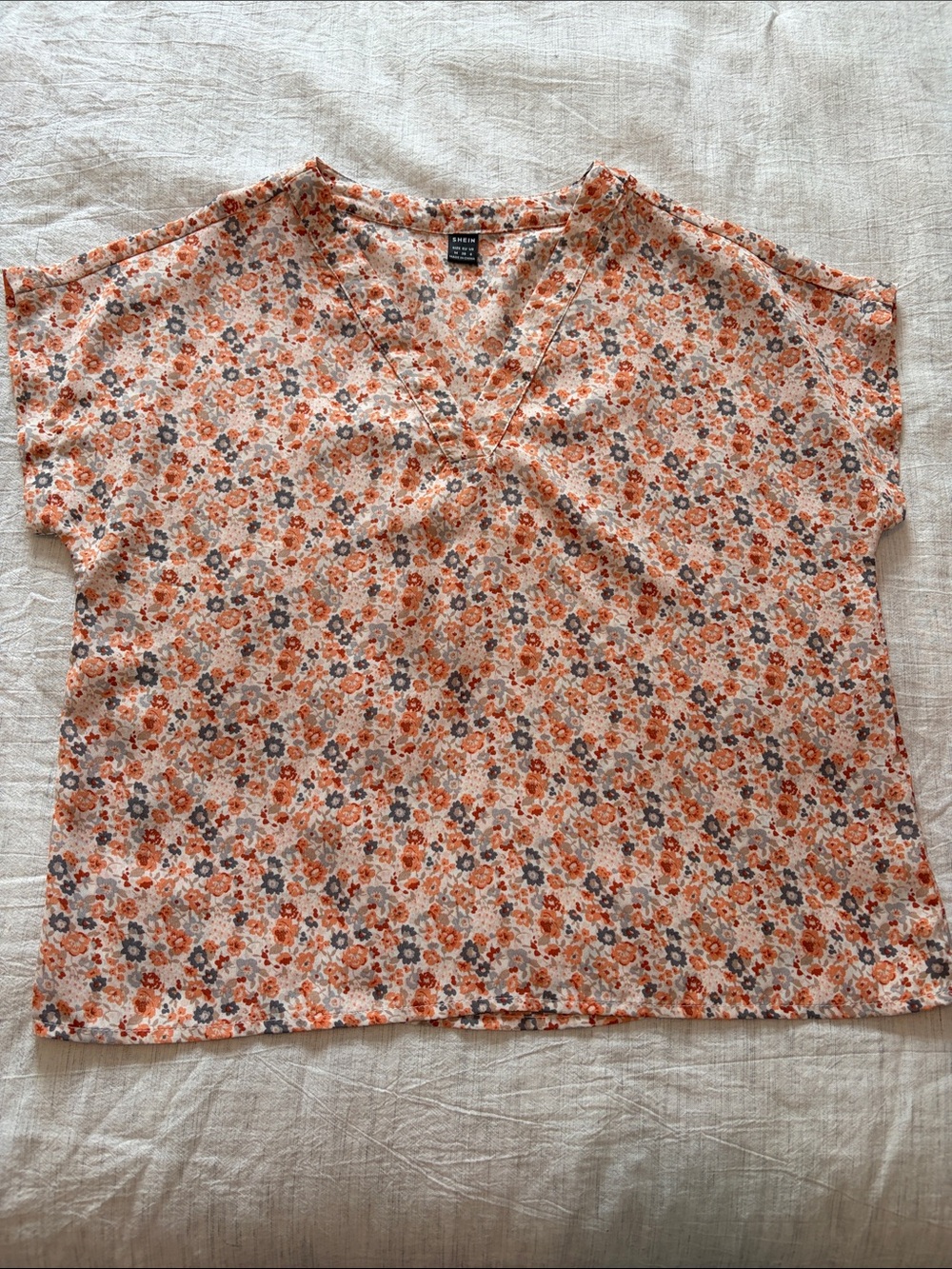 Floral V-Neck Short Sleeve Women’s Top — Orange Floral